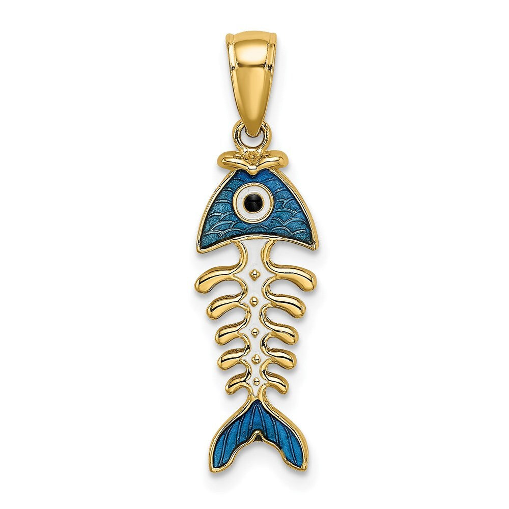 14k Yellow Gold 3D Blue Enamel Fish Bone Charm Pendant for Women