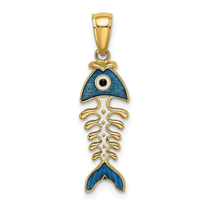 14k Yellow Gold 3D Blue Enamel Fish Bone Charm Pendant for Women
