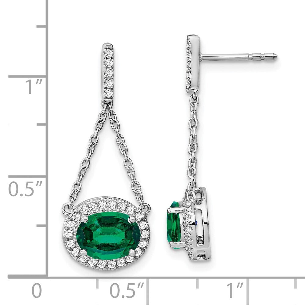 14k White Gold Oval Created Emerald and Diamond Dangle Earrings