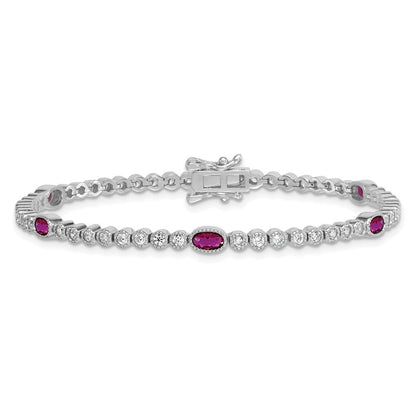 Sterling Silver and Beaded Fancy Oval Red and Round White CZ 7" Bracelet