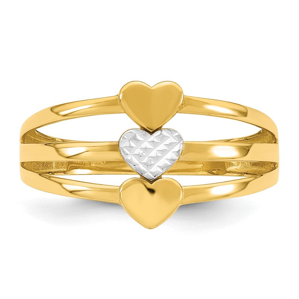 14K Yellow Gold w/White Rhodium Polished & Diamond-Cut Three Hearts Ring Size 7