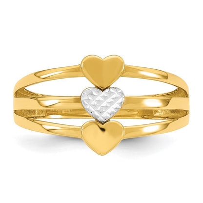 14K Yellow Gold w/White Rhodium Polished & Diamond-Cut Three Hearts Ring Size 7