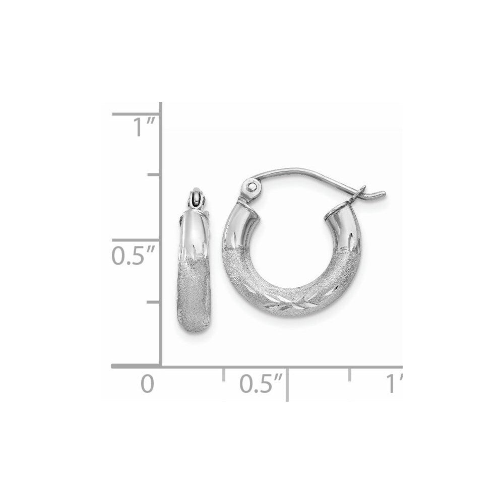 14k White Gold Satin and Diamond-cut 3mm Round Hoop Earrings Gift for Women