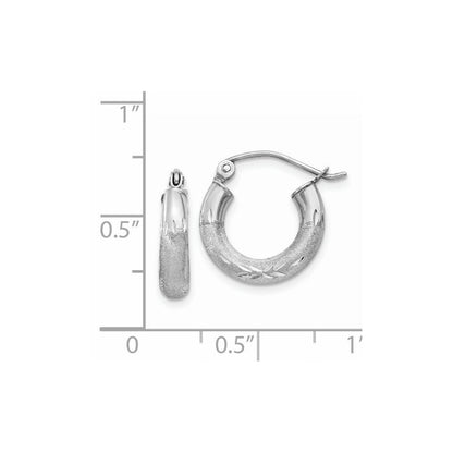 14k White Gold Satin and Diamond-cut 3mm Round Hoop Earrings Gift for Women