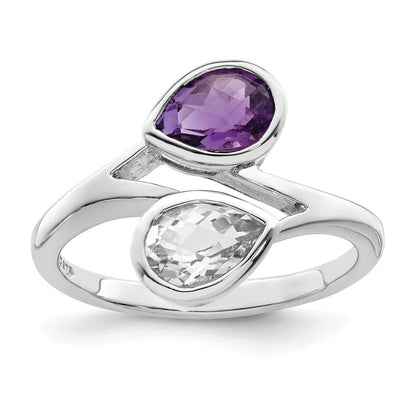 Sterling Silver Rhodium-plated Pear Shape Amethyst & White Topaz Ring Size 6