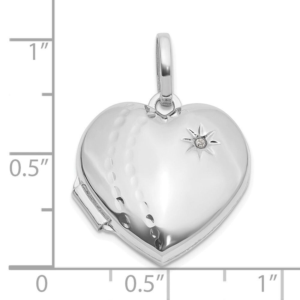 14k White Gold Polished and Textured Diamond 18mm Heart Locket Pendant for Women