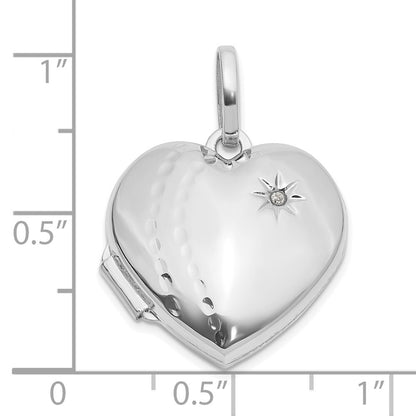 14k White Gold Polished and Textured Diamond 18mm Heart Locket Pendant for Women