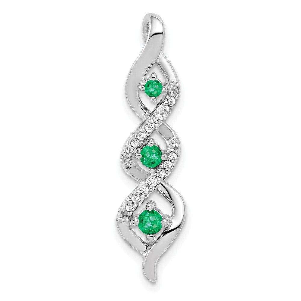 14k White Gold 3-stone Twisted Diamond and Emerald Chain Slide Pendant for Women
