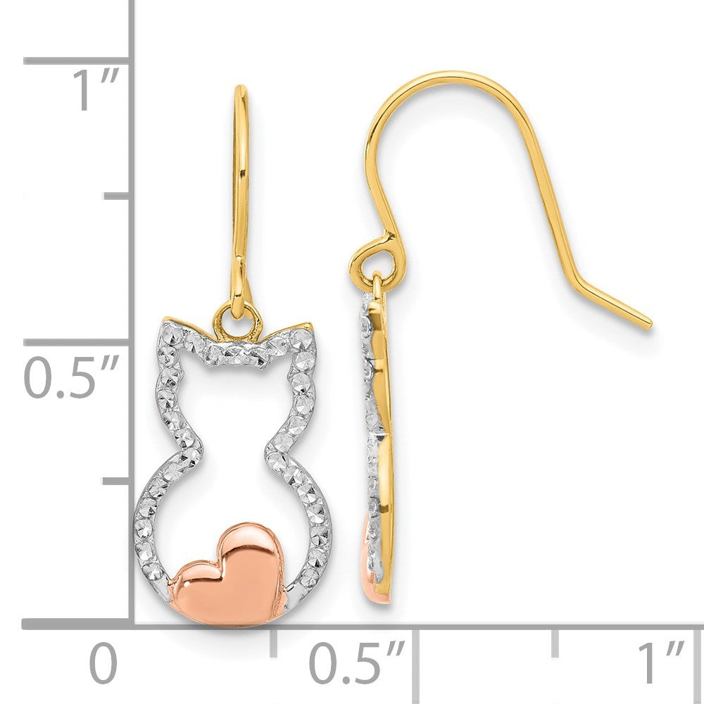 14k Yellow Gold w/Rose and White Rhodium Diamond-Cut Cat Outline Dangle Earrings