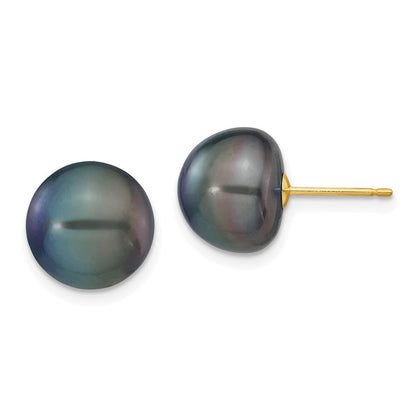 14k Yellow Gold 10-11mm Black Button Freshwater Cultured Pearl Stud Earrings
