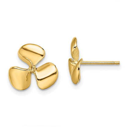 14k Yellow Gold Polished Three Blade Propeller w/ Center Bead Earrings