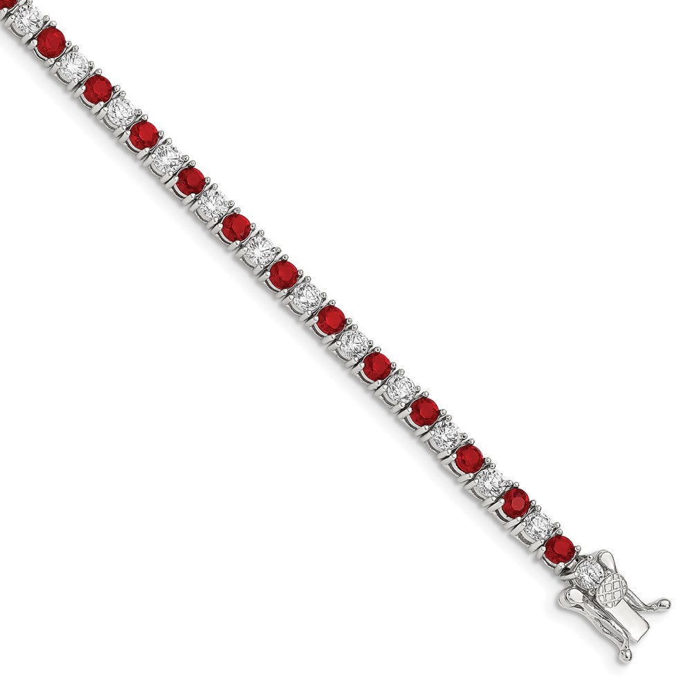 Sterling Silver Rhodium-plated Red Glass and CZ 7 inch Bracelet