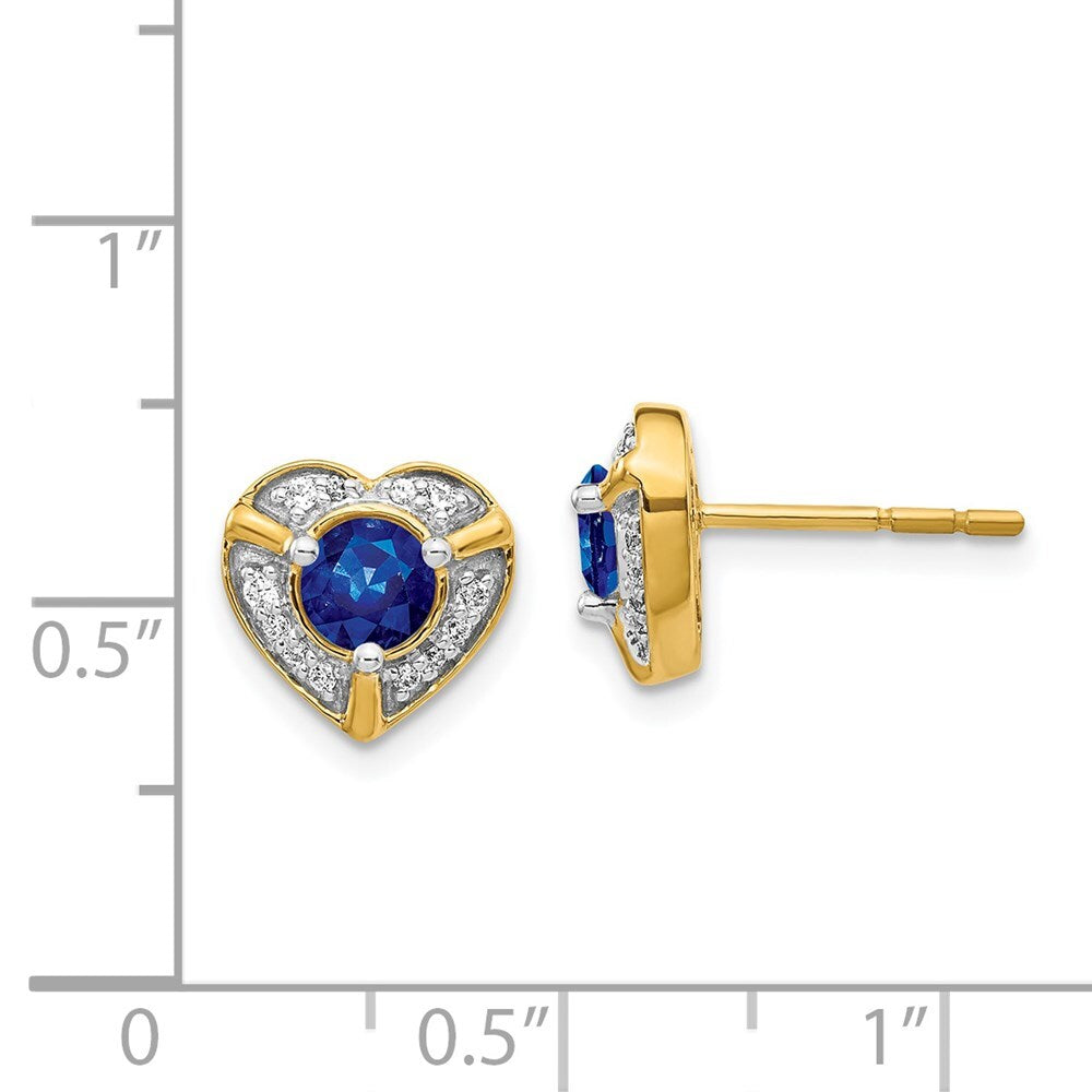 14k Yellow Gold Diamond and Sapphire Fancy Heart Stud Earrings