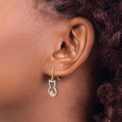 14k Yellow Gold w/Rose and White Rhodium Diamond-Cut Cat Outline Dangle Earrings