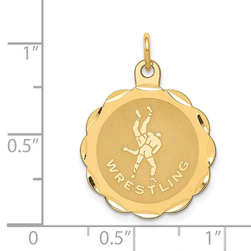 14k Yellow Gold Wrestling Scalloped Edge Disc Charm Pendant for Women