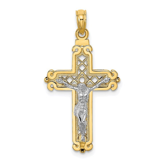 14k Two-tone Gold Fancy Crucifix Charm Pendant for Women
