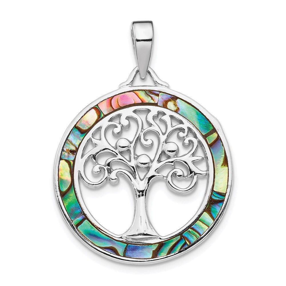 Sterling Silver Rhodium-plated Abalone Circle Tree of Life Pendant