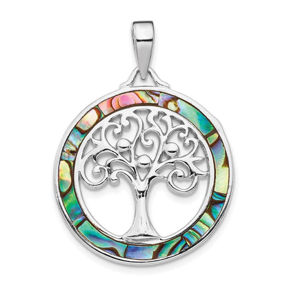 Sterling Silver Rhodium-plated Abalone Circle Tree of Life Pendant