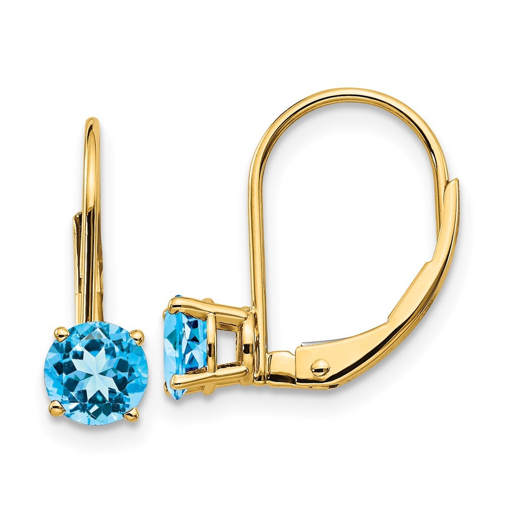 14k Yellow Gold 5mm Blue Topaz Dangle Earrings Leverback Gift for Women
