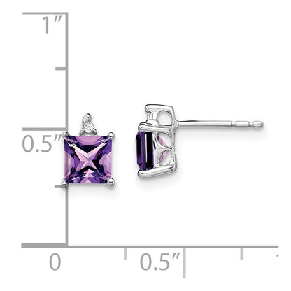 14k White Gold Princess Amethyst and Diamond Stud Earrings