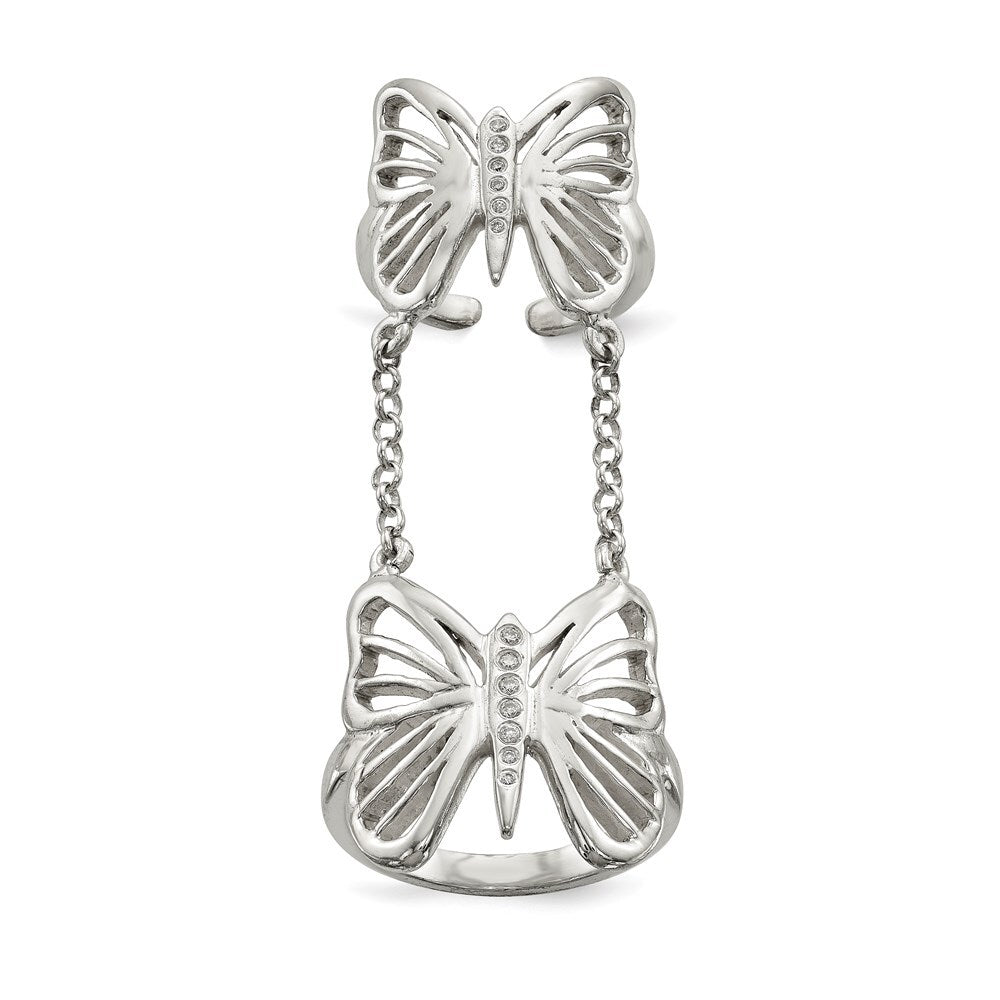 Sterling Silver Polished Cubic Zirconia Butterfly Double Finger Ring Size 7