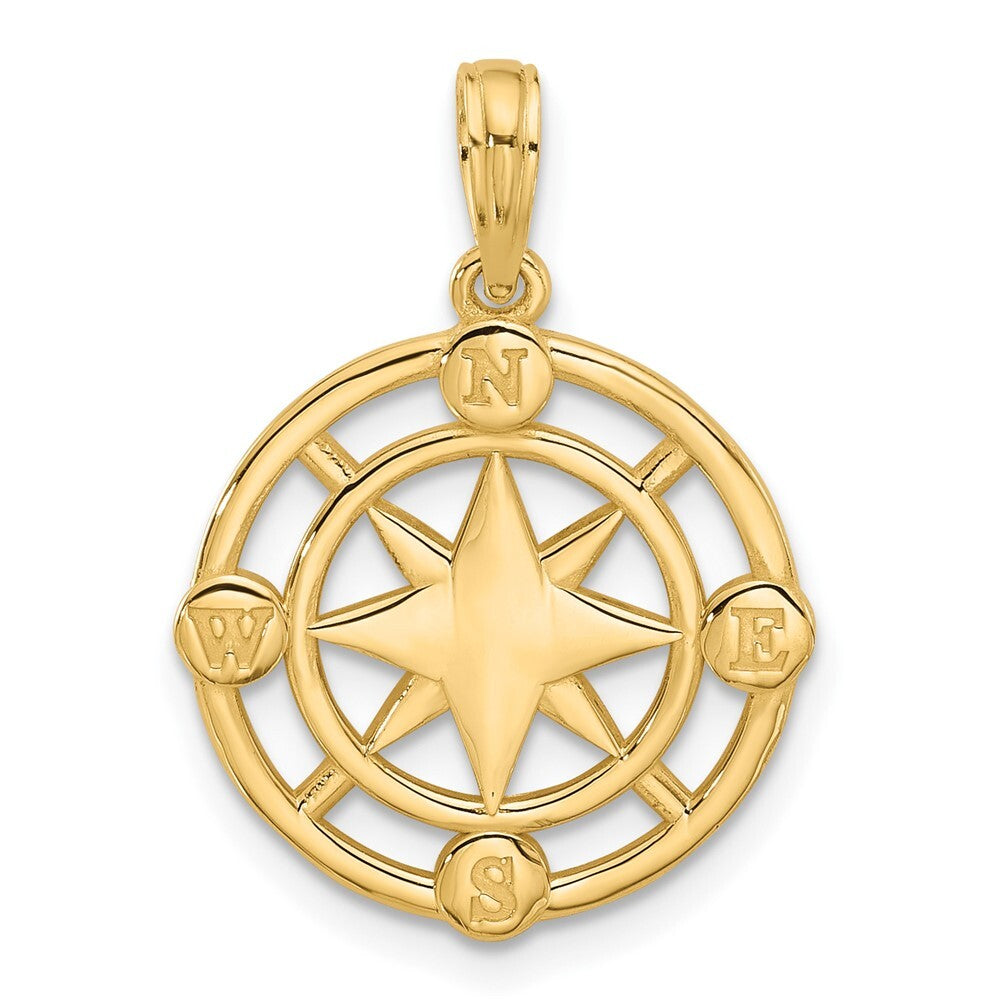 14k Yellow Gold Polished Round Compass Charm Pendant for Women
