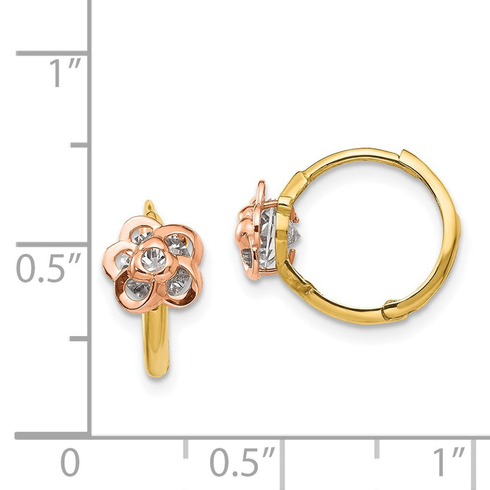 14k Yellow & Rose Gold Cubic Zirconia Flower Hinged Hoop Earrings