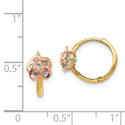 14k Yellow & Rose Gold Cubic Zirconia Flower Hinged Hoop Earrings