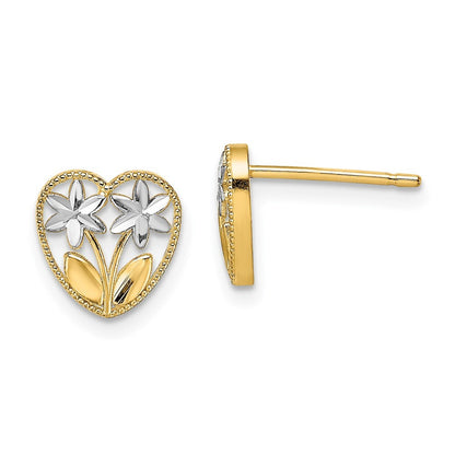 14k Yellow Gold Rhodium Diamond-Cut Flower and Heart Stud Earrings