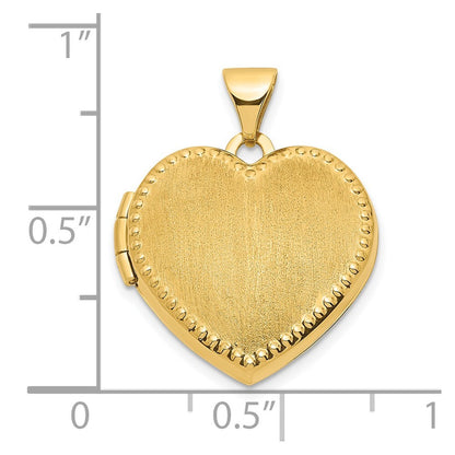 14k Yellow Gold Brushed Beaded Edge 18mm Heart Locket Pendant for Women