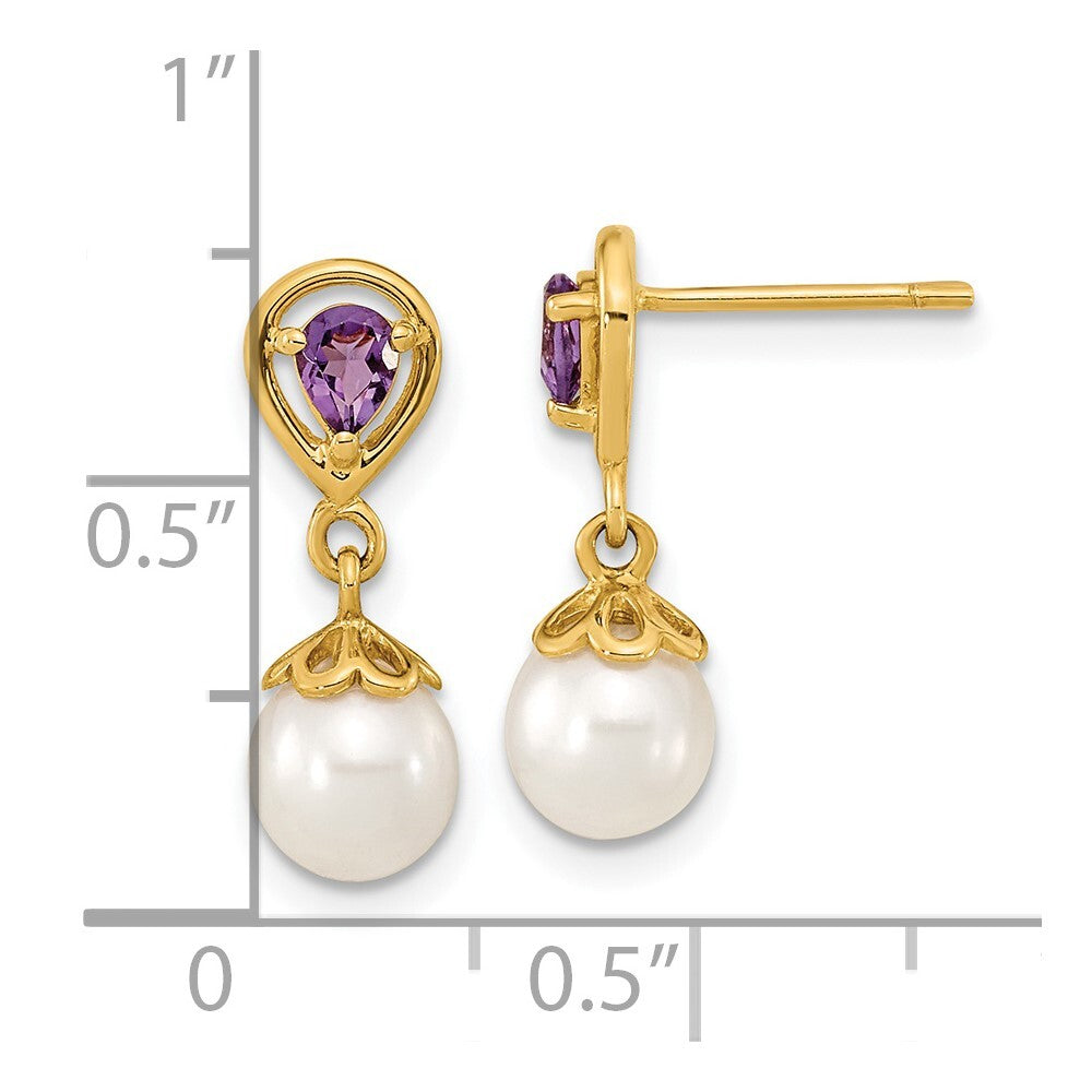 14k Yellow Gold 6-7mm White Round FWC Pearl Amethyst Dangle Earrings