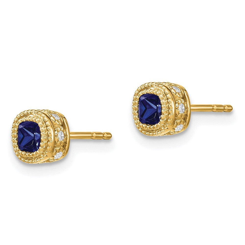 14k Yellow Gold Cushion Sapphire and Diamond Stud Earrings