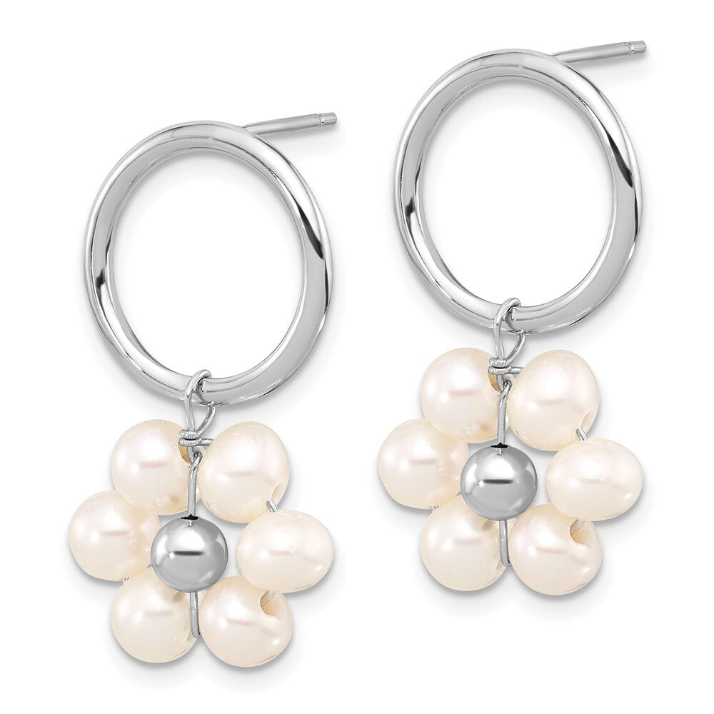 Sterling Silver 4-5mm White Semi-Round Cultured Pearl Flower Dangle Earrings