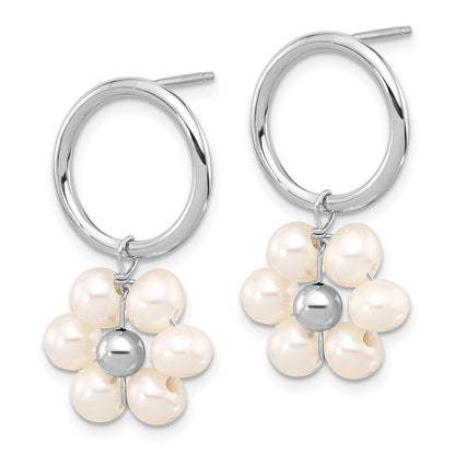 Sterling Silver 4-5mm White Semi-Round Cultured Pearl Flower Dangle Earrings