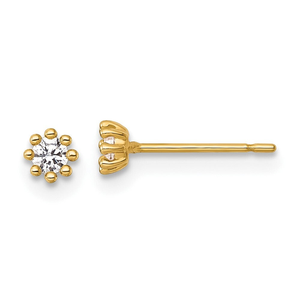 14k Yellow Gold Polished and Beaded Round Cubic Zirconia Stud Earrings