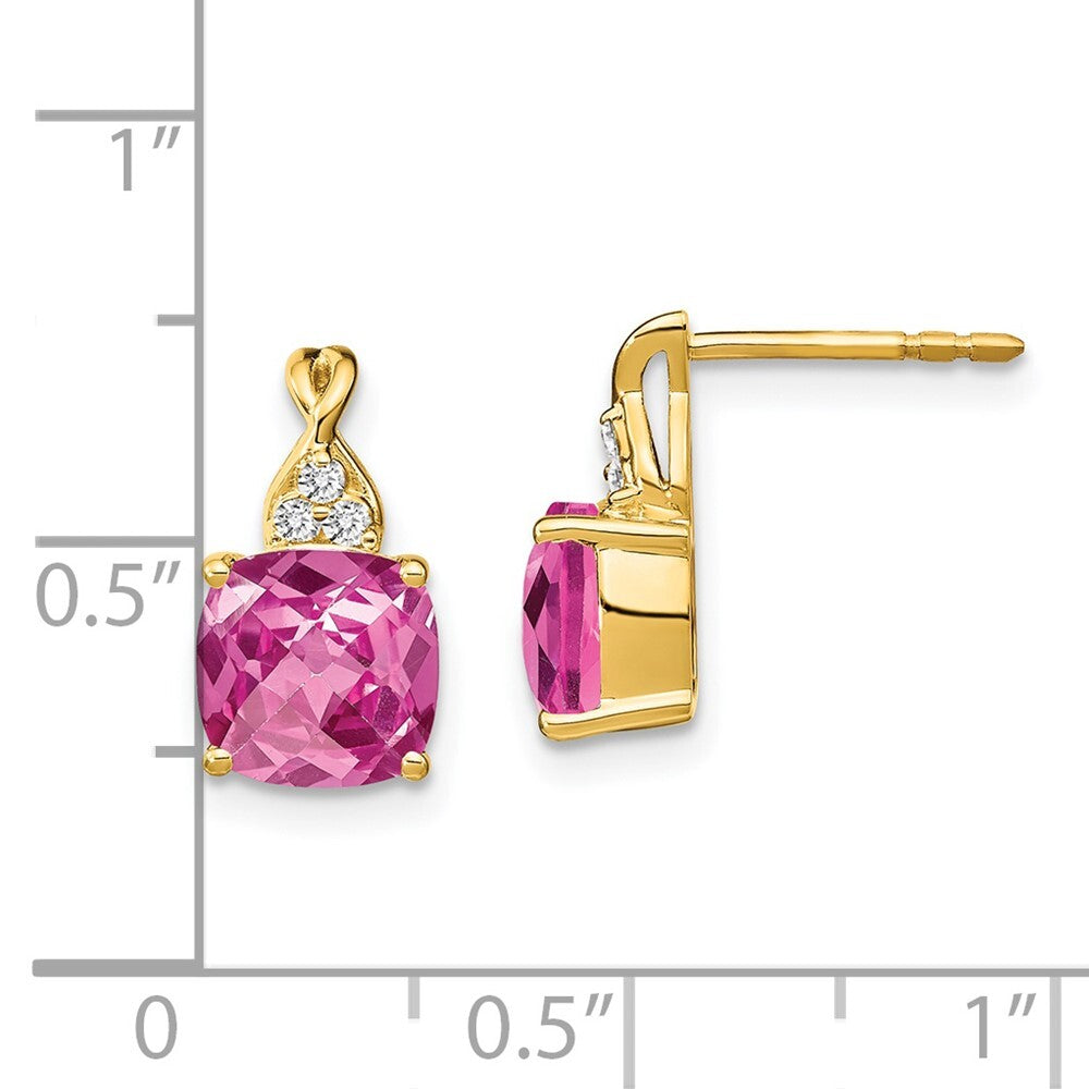 14k Yellow Gold Checkerboard Created Pink Sapphire & Diamond Dangle Earrings