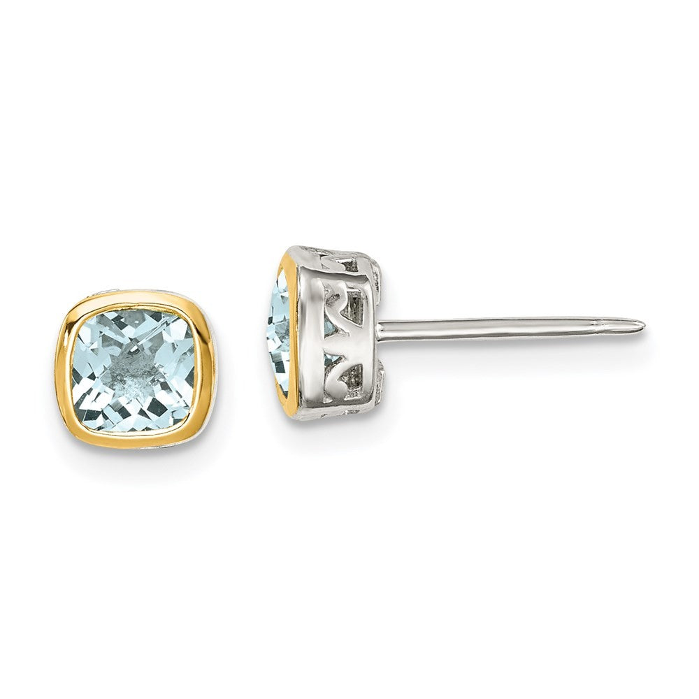 Sterling Silver Rhodium-plated with 14k Accent Aquamarine Square Stud Earrings