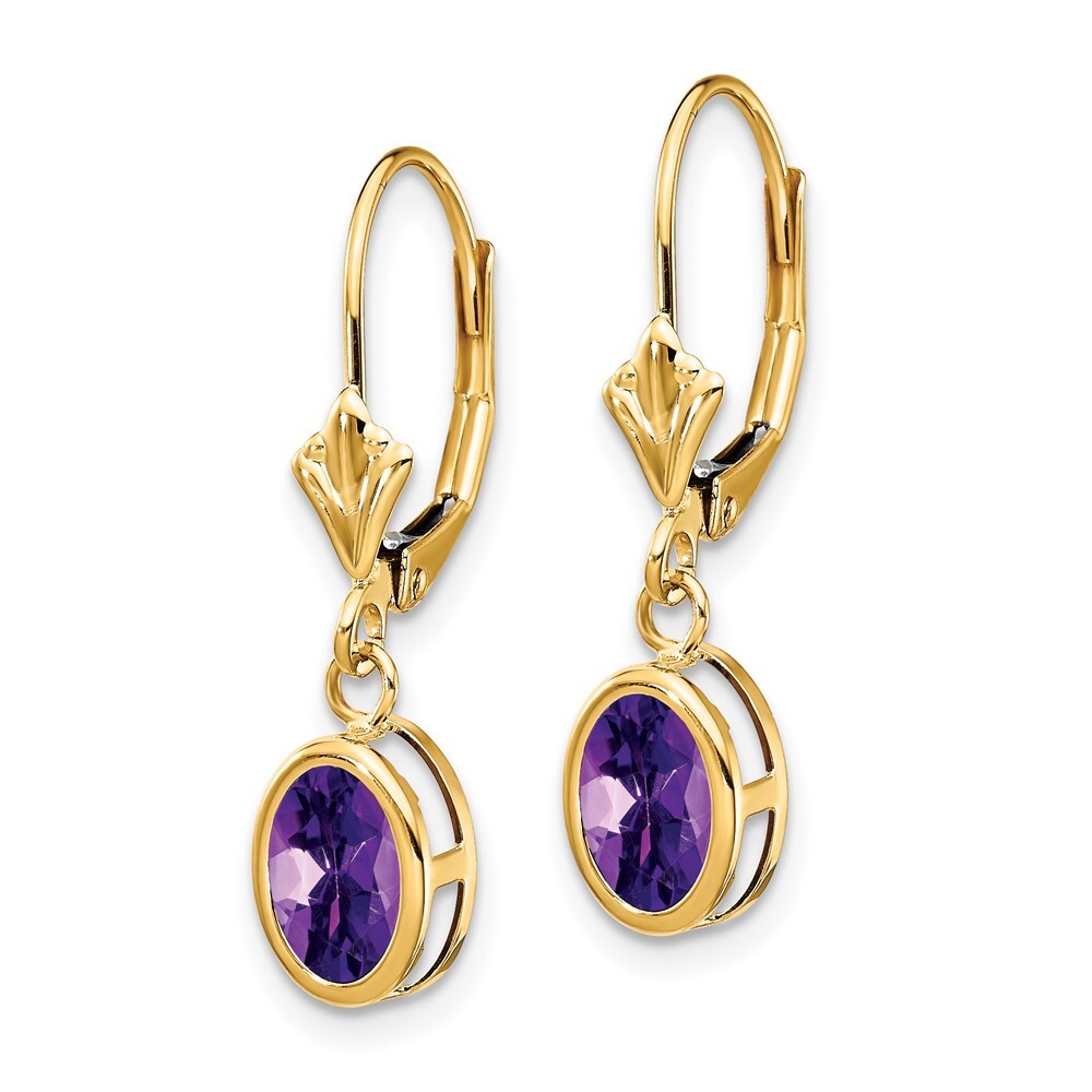 14k Yellow Gold 7x5mm Oval Amethyst Leverback Earrings Gift for Women