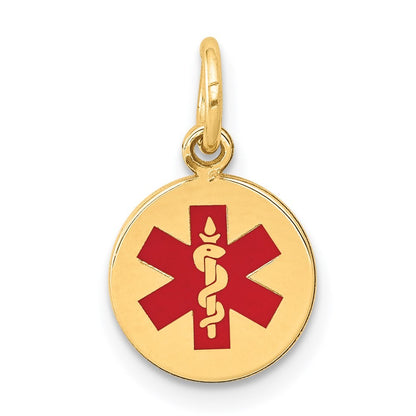 14k Yellow Gold 9.5mm Round Red Enameled Medical Jewelry Pendant