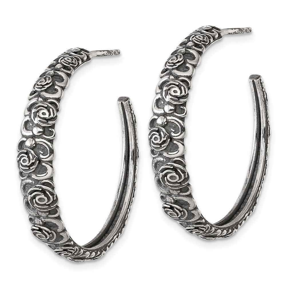 Sterling Silver Antiqued Graduated Floral 5.75 x 32mm C-Hoop Earrings