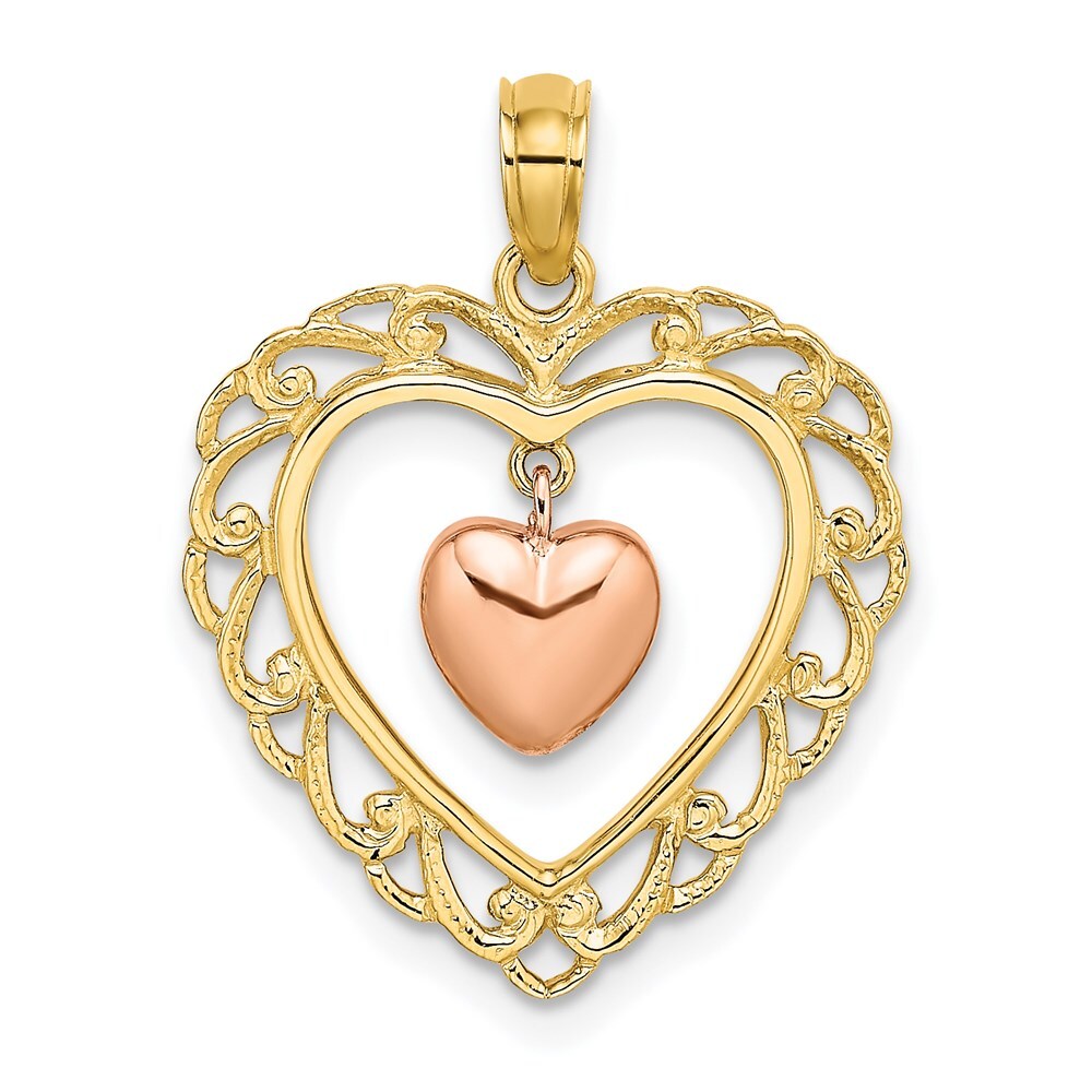14k Yellow and Rose Gold Polished Dangling Heart In Heart Charm Pendant