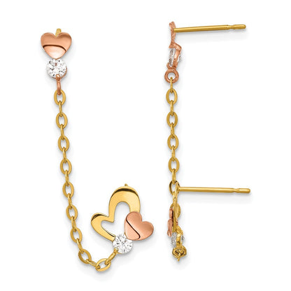 14k Two-tone Gold Cubic Zirconia Double w/Chain Heart Earring