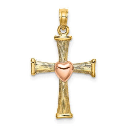 14k Two-tone Gold Textured Finish Cross  Heart Charm Pendant