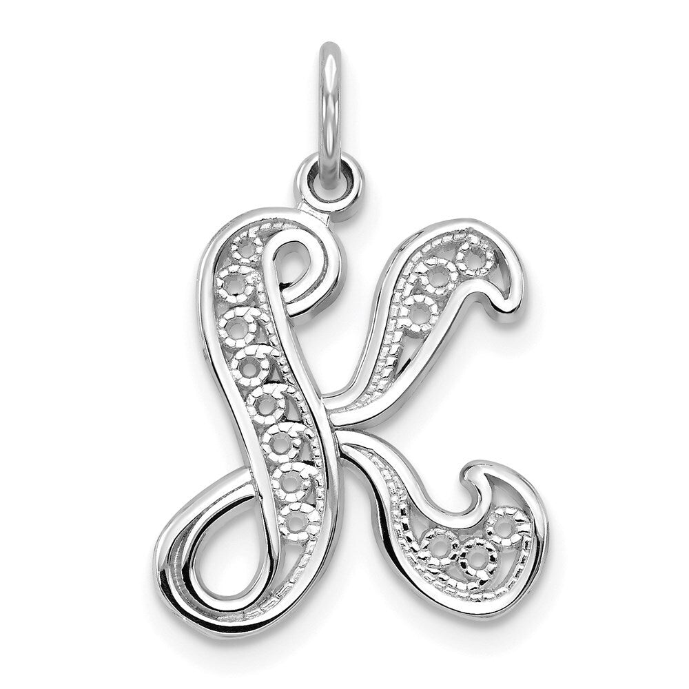 14k White Gold Solid Polished Script Filigree Letter K Initial Pendant for Women