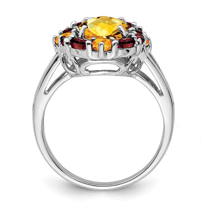 Sterling Silver Rhodium Citrine & Garnet Ring Size 6