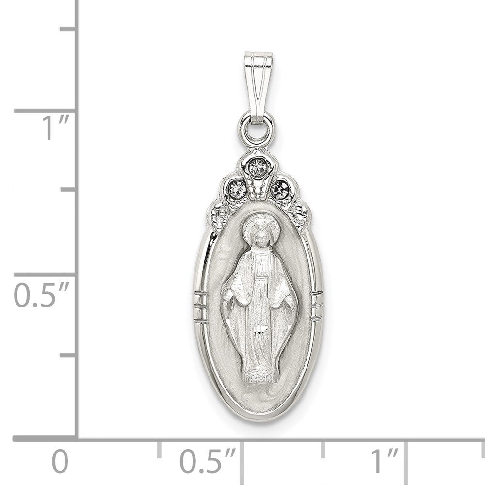 Sterling Silver White Epoxy & Crystal Miraculous Medal Pendant Pendant