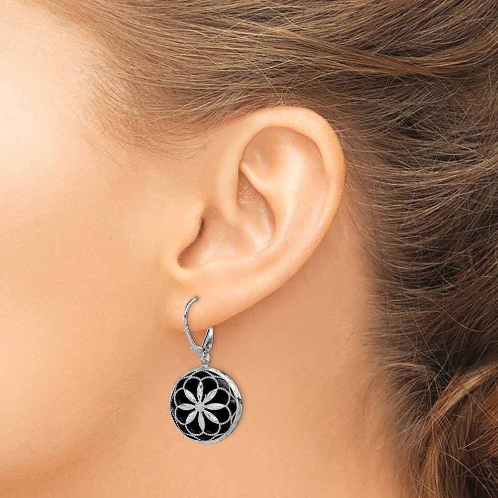 Sterling Silver Beaded Filigree Diamond Cut Starburst Onyx Dangle Earrings