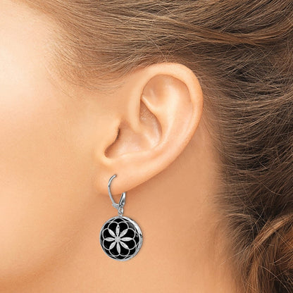 Sterling Silver Beaded Filigree Diamond Cut Starburst Onyx Dangle Earrings