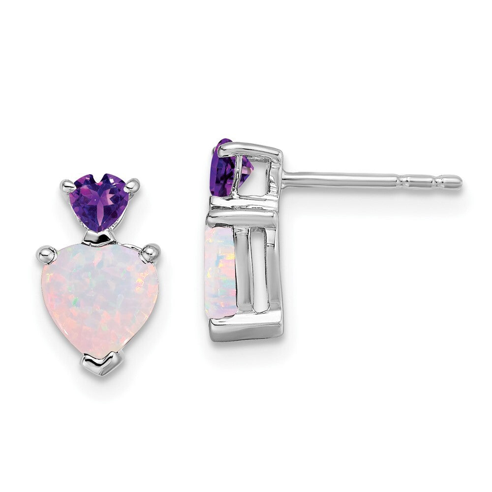 14k White Gold Created Opal and Amethyst Heart Drop & Dangle Earrings
