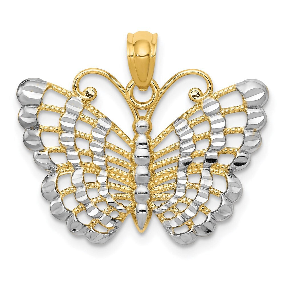 14k Yellow Gold and Rhodium Diamond-cut Butterfly Pendant for Women